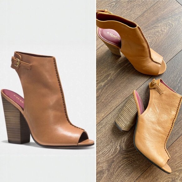 COACH Saratoga Tan Open Toe Booties Size 8 - Picture 1 of 7